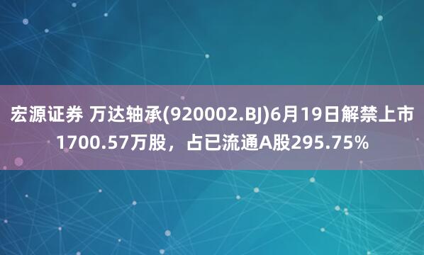 宏源证券 万达轴承(920002.BJ)6月19日解禁上市1700.57万股，占已流通A股295.75%
